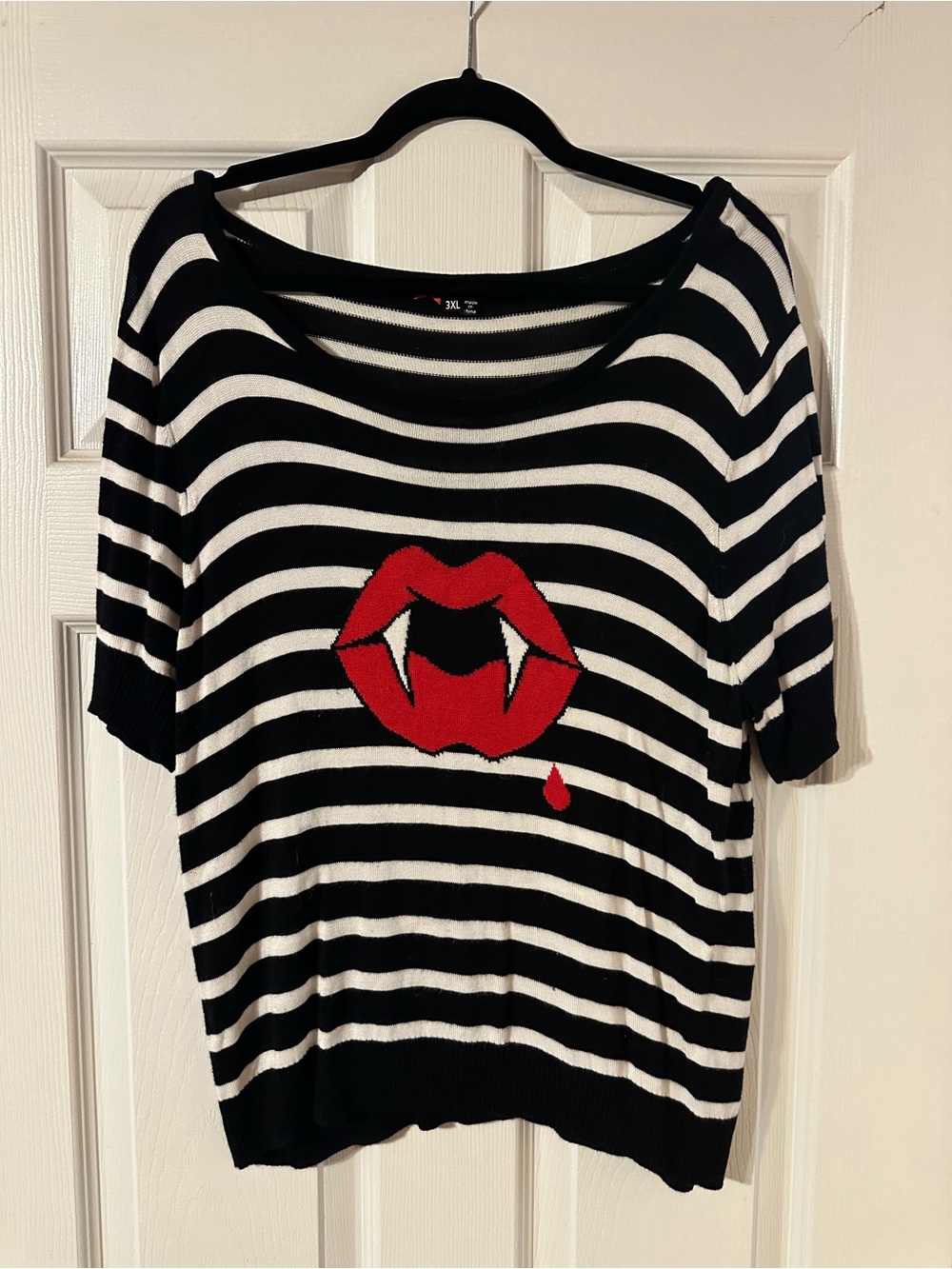 Hell Bunny Black & White Striped Short Sleeve Sweater with Red Lip Motif